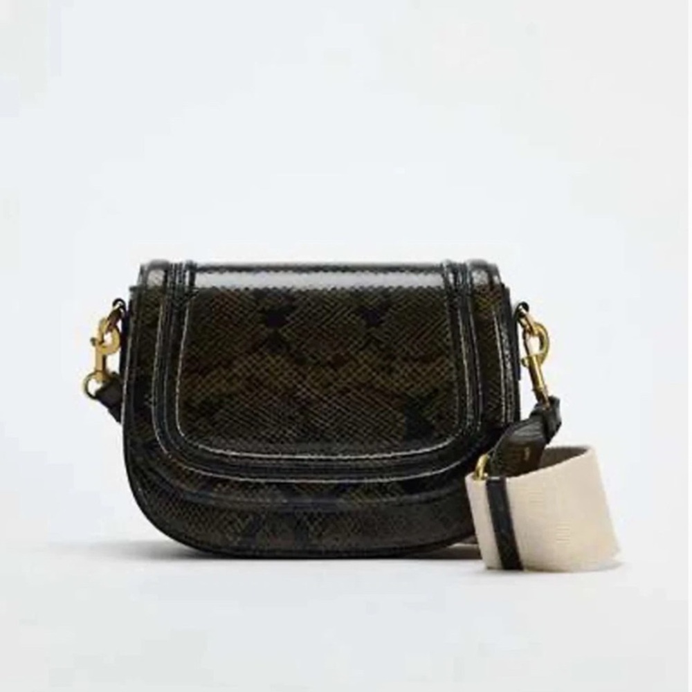 Zara Black Faux Snakeskin Crossbody Bag with Cream Strap Accent